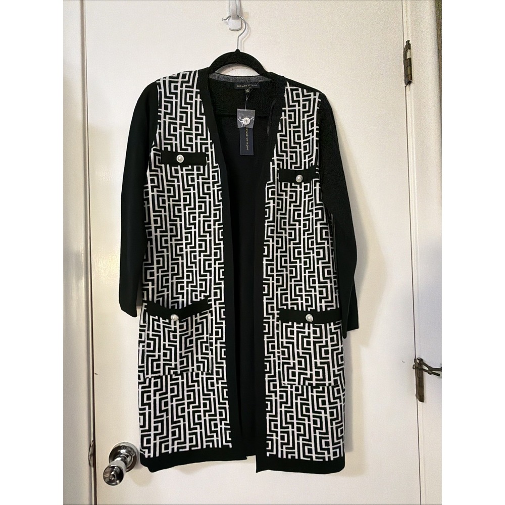 Adrienne Vittadini Cardigan Sweater Black-And-White Geometric Pockets Size M New